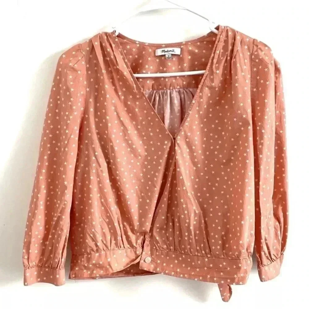 Madewell Wrap Top Women’s Pink Star Scatter Puff Sleeve V Neck Cropped Size XXS
